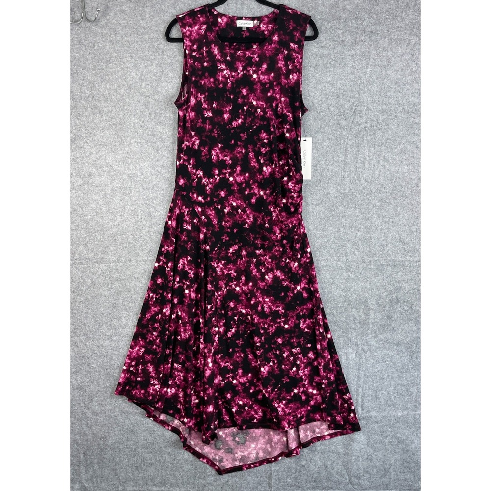 Calvin Klein Dress Womens Large Pink Black Floral Sleeveless Asymmetrical NWT